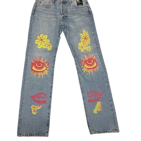 LEVIS 33x34 Premium 501 Original SUMMER LOVE JEANS Festival Sun Floral Groovy - Picture 15 of 15